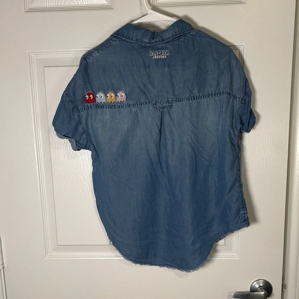 PAC-MAN Justice Denim Button Up Shirt Girls L 12/14 Retro Gamer Y2K Chambray